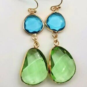 14k Gold Electro-Plated Minimalist Gold Green & Blue Glass Drop Dangle Earrings
